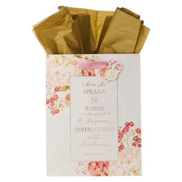 Christian Art Gifts Gift Bag/Tissue Paper Set When She Speaks Proverbs 31:26 Bible Verse, Peach/Gold, Medium