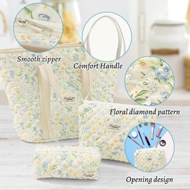 Pack of 5 Corduroy Fabric Bag Set Select Zone Bag Travel Toiletry Bag Smile Face Cosmetic Bag Multifunctional Handbag Make Up Bag for Women, Blue 2, Flowers