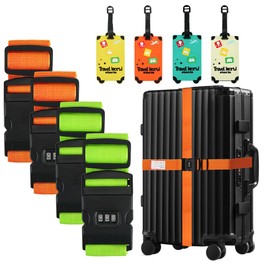 4 Packs Luggage Suitcase Straps Set and 2pcs Tags, Lockable Suitcase Belt Strap Accessories 200*5cm for 10-34in Suitcase, Adjustable Thickened Luggage Belt, Luggage Identifier (2 Lockable +2 Unlocked)