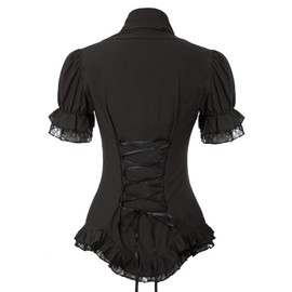 Womens Renaissance V Neck Blouse Vintage Short Puff Sleeves Peplum Dressy Blouse Black S