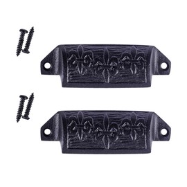 Black Wrought Iron Cabinet Drawer Bin Cup Pulls 4" W X 1.5" H Le' Saint Ornate Rustic Iron Kitchen Or Dresser Pull Handles Knobs Powder Coat Finish With Mounting Hardware Renovators Supply Pack Of 2