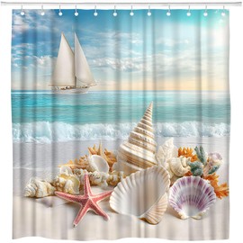 ZFMRZF Beach Shower Curtain, Coastal Ocean Scene with Seashells, Starfish, and Sailboat, Nautical Summer Bathroom Decor Polyester Curtains Set with Hooks 70x70 Inch