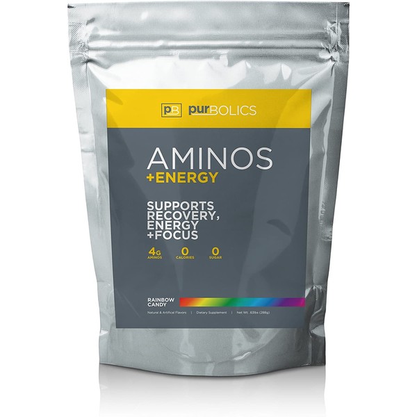 Purbolics Aminos + Energy | Supports Recovery, Energy & Focus | 95mg of Caffeine, 0 Calories & 60 Servings (Rainbow Candy)