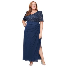 Alex Evenings Women's Long Stretch Sequin Bodice Mother of The Bride Dress with Empire Waist (Plus Size), Navy Soutache Puff, 14W