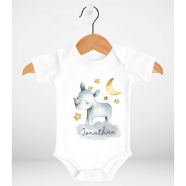 SpecialMe® Baby Bodysuit with Name Print Animal Motifs Rhino Lion Elephant Watercolour Short Sleeve Organic Cotton, Safari Rhino White