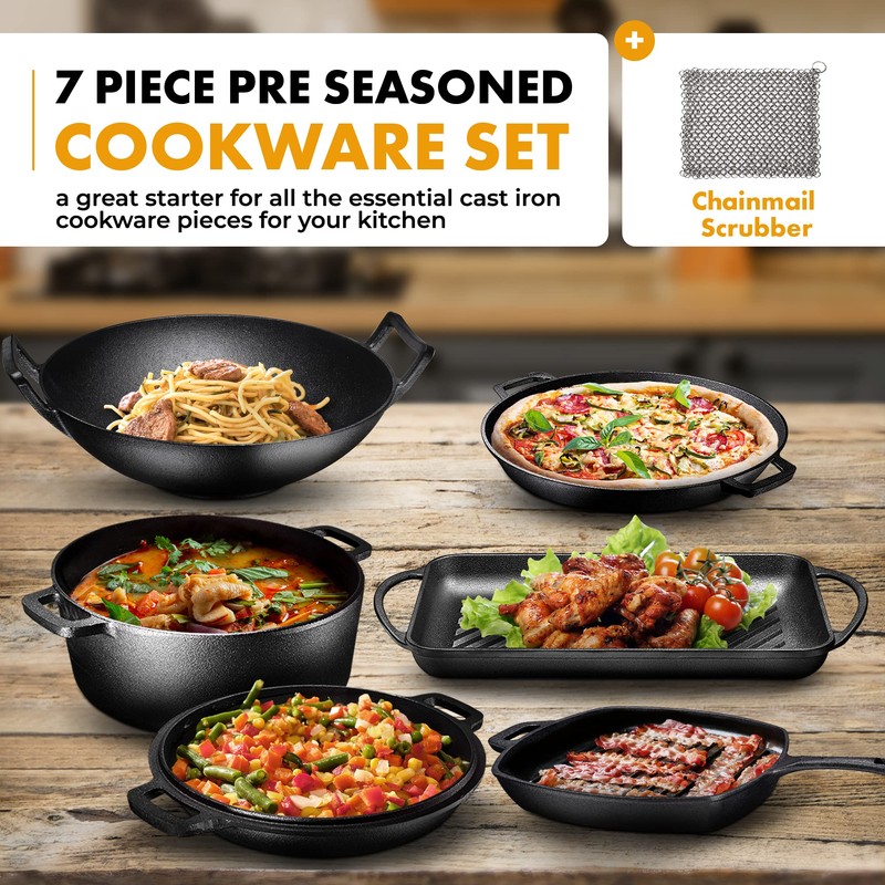 Pre Seasoned Cast Iron 7 Piece Bundle Gift Set, Double