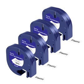 UNOKA Compatible Dymo Letratag Label Tape 12 mm x 4 m Replacement Roll for Dymo Label Tape Plastic White Label Tape A91221 91201 for Dymo Letra Tag XR LT-100H 100T 200B XM, Black on White, 4 Rolls