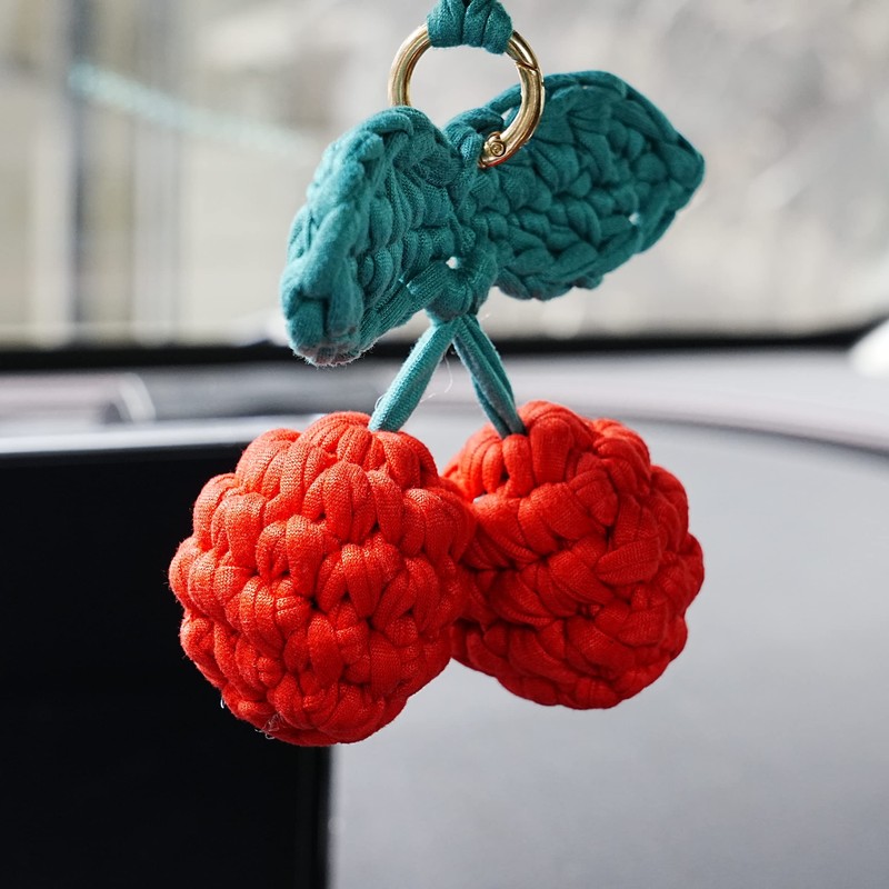 AMIORO Hand Knitted Cherry Pendant Hanging Ornament for Car Rear