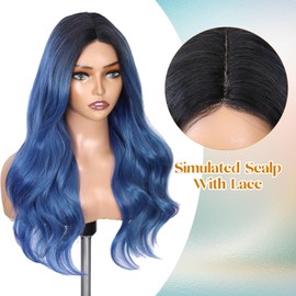Lady Miranda Ombre Blue Wigs Long Curly Wavy Synthetic Fiber Dark Root Side Part Wig Colored Wigs for Women Cosplay Wig Daily Party Use(1-Black Ombre blue 22)
