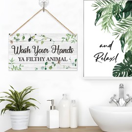 Green Wash Your Hands Sign, Wash Your Hands Ya Filthy Animal Wall Art Decor, Restroom Home Bathroom Living Room Kitchen Wall Decor Sign, 6x 11 Inch