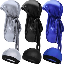 6 Pieces Kids Silky Satin Durags with Wave Caps Set Unisex 360 Wave Headwraps with Long Tail and Wide Straps (Silver, Black, Blue)