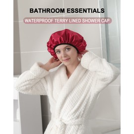 YIZIJIZI Triple Layer Reusable Waterproof Shower Cap for Women Large Terry Lined Hair Cap for Long Thick Hair Travel Bath Care Red