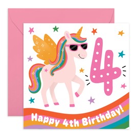 4th Birthday Card for Girls – Cute Unicorn with Rainbow Wings – Fun Card for Daughter, Niece, Granddaughter, Sister, Neighbour, Her, Little Children, Kids - Four Years Old -Comes with Stickers