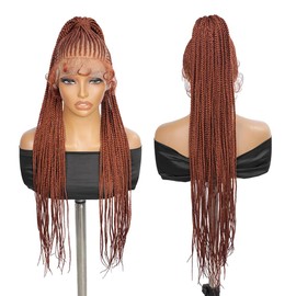 SUPERNOVA #350 Full Lace High Ponytail Braided Wig Red Copper Colored Synthetic Ponytail Extension Hair Wig With Natural Hairline Knotless Braided Wigs For Black Women Fit Ponytailwig 32 Inch