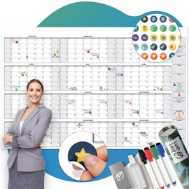 Dry Erase Calendar for Wall, 38"x58" - Undated, Reusable, Yearly - Large Whiteboard For School, Classroom & Office, Includes Markers, Eraser & Accessories