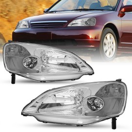 SOCKIR Headlight Assembly Compatible with 2001 2002 2003 Honda Civic Coupe/Sedan Driver and Passenger Side (Chrome Housing with Clear Reflector)