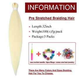 Blonde Braiding Hair Pre Stretched 32inch 3 Packs Braiding hair Extensions Synthetic Crochet Braids, Hot Water Setting Professional Soft Yaki Texture. (32inch(3Packs),613#)