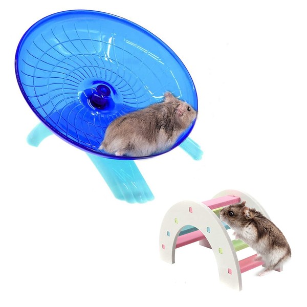 2 Pack Dwarf Hamster Flying Saucer Exercise Wheel Toy & Wood Rat Bridge Rainbow Climb-Durable ABS Plastic Running & Jogging Running Silent Spinner-for Mouse Hedgehog Chinchilla Pets Mice Gerbil Cage