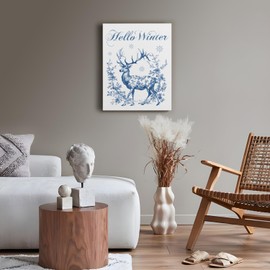 Blue Winter Wall Decor, Hello Winter Reindeer Wall Art Prints, Farmhouse Winter Decor, Winter Home Decor, Rustic Winter Decor, Winter Pictures Wall Decorations for Home, 11x14 Inch Framed