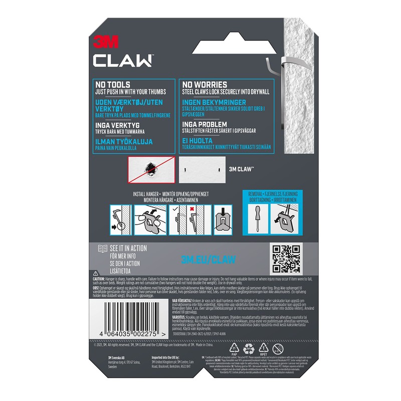 3M CLAW 3M Claw Plasterboard Picture Hanging Wall Hooks For