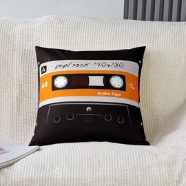 Set of 2 80S Party Throw Pillow Covers 18x18,Audio Cassette Cushion Covers For Sofa Couch,Vintage Music Theme Pillow Covers,Retro Tape Decorative Pillow Covers Music Art Style,Home Room Decor Black