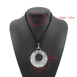 Douxsu Black Leather Rope Silver Circle Necklace for Women (Silver)