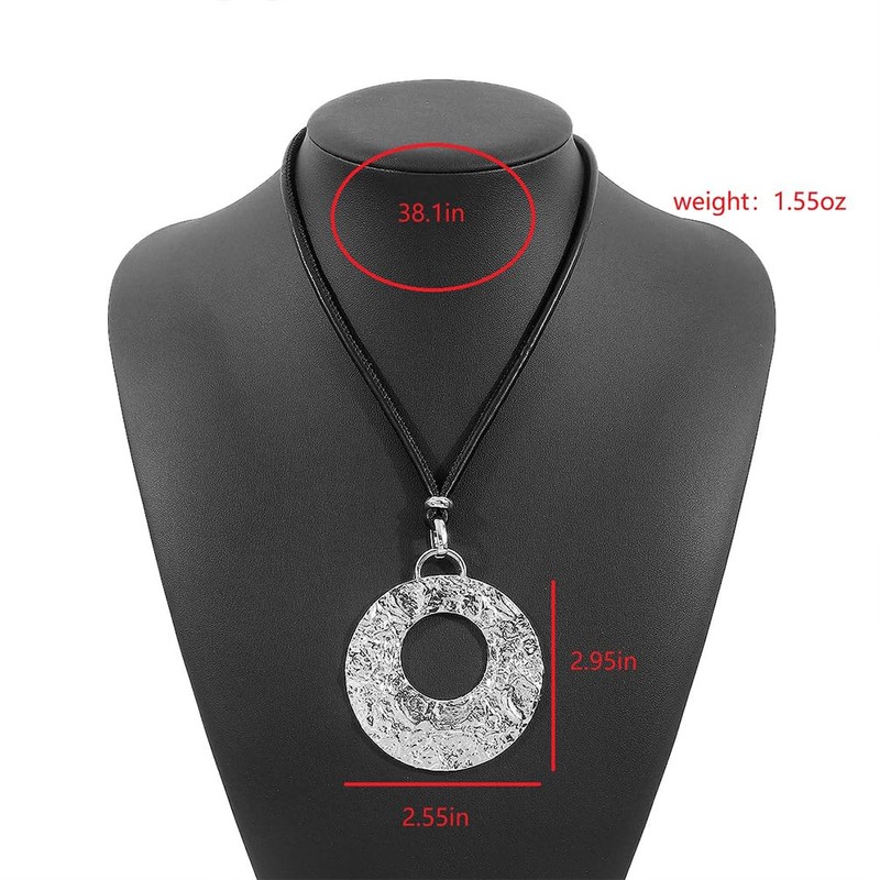 Douxsu Black Leather Rope Silver Circle Necklace for Women (Silver)