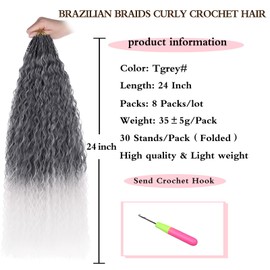 Xtrend 24 Inch Ombre Grey Pre looped Brazilian Afro Curly Crochet Hair 8 Packs Yaki Kinky Curly Water Wave Micro Crochet Hair Synthetic Deep Wave Mini Boho Braids For Women (30 Strands/Pack，Tgrey#)