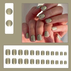 Green Press on Nails Short Square Cute Fake Nails Winter Aurora Glossy Nail Tip Full Cover False Nail with Design Glue on Nails Kit Acrylic Set Nail Art DIY for Women 24Pcs