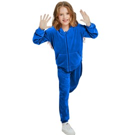 Woolicity Girls Sweatsuits Set Velour Tracksuit 2 Piece Outfits Zip Up Hoodies and Pants Sportswear Jogging Set Dark Blue 120