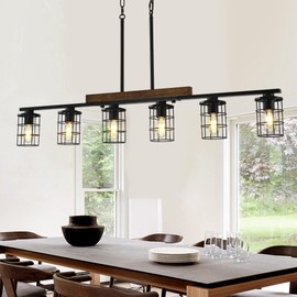 Dining Room Light Fixture/Chandelier Over Table, 47-Inch Hanging for Farmhouse Linear Chandeliers,6-Light Kitchen Island Lighting, Black Rustic Wooden Ceiling Chandelier,with Metal lampshade