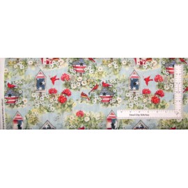 Springs Creative Patriotic Cardinal Birdhouse Flower Fabric Cotton Susan Winget CP75841 By Yard