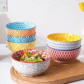 Cerkik Ceramic Soup Bowls Set - 23 Oz Deep Cereal Bowl for kitchen - 6 Inch Porcelain Salad Bowl for Pasta, Dessert, Ramen - Microwave Dishwasher Safe - Set of 6 - Assorted Colors