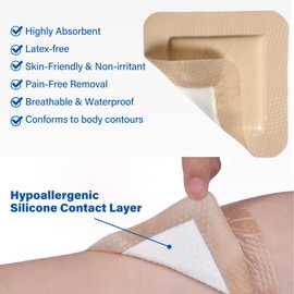 LotFancy Silicone Foam Dressing, 6"x 6" (4.3" x 4.3" Pad), 10 Count, Medical Sterile Wound Dressing with Border, Bed Sores, Pressure Ulcers Healing Bandage Pad, Highly Absorbent, Waterproof