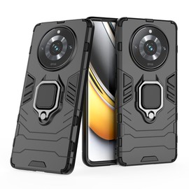 Compatible with Oppo Realme 10 Pro Plus Case, Metal Ring Grip Kickstand Shockproof Hard Bumper (Works with Magnetic Car Mount) Dual Layer Rugged Cover (Black)
