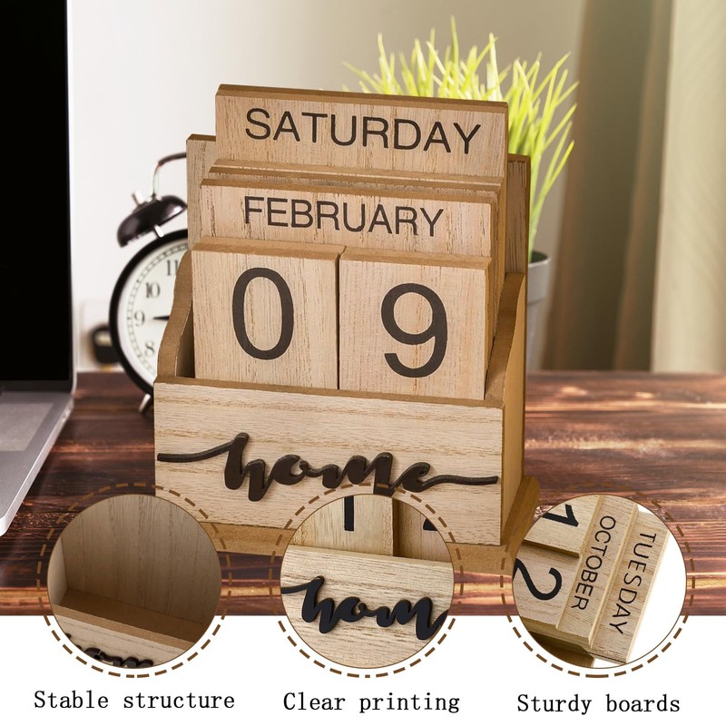 Sekonow Wooden Block Perpetual Calendar for Desk, Wood Desktop Month