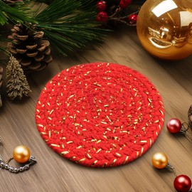 COTTON CRAFT Glitz Handmade Coasters - Set of 8 Cotton Braid Drinks Coaster - Bar Kitchen Party Tabletop Protection - Christmas Xmas Celebration Festive Décor 4 in Round - Red Gold