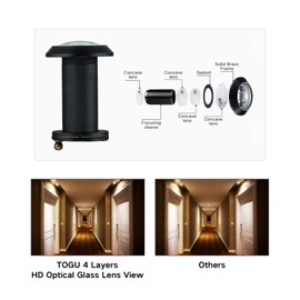 TOGU TG3016YG-CBC UL Listed Solid Brass HD Glass Lens 220-degree Door Viewer Peephole with Heavy Duty Privacy Cover for 1-3/8" to 2-1/6" Doors, Classic Matte Black with Red Copper Edge Line Finish