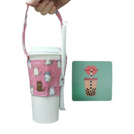 Portable Beverage Cup Foldable Holder Carrier (2 PCs Set), Tainada Reusable Drink Sleeve Handle Carry Strap for Coffee, Bubble Tea, Hot & Cold Drink with Integrated Straw Holder (Cats Pattern Pink)