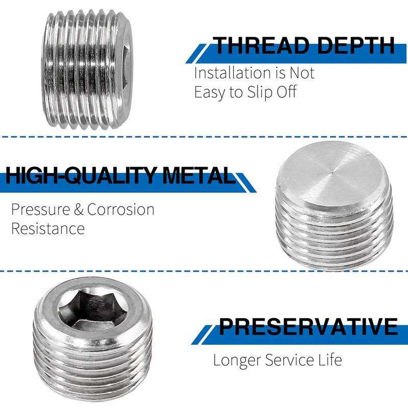 LifCratms 3/8" NPT Male Plug, 304 Stainless Steel Internal Hex