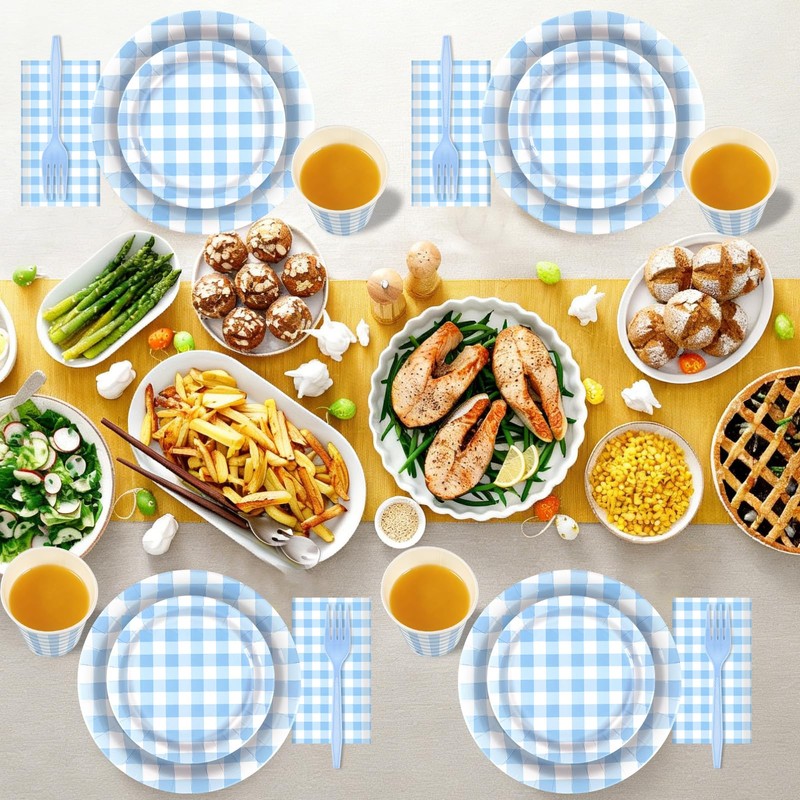 150PCS Blue Gingham Disposable Party Tableware Set for 30 Guests