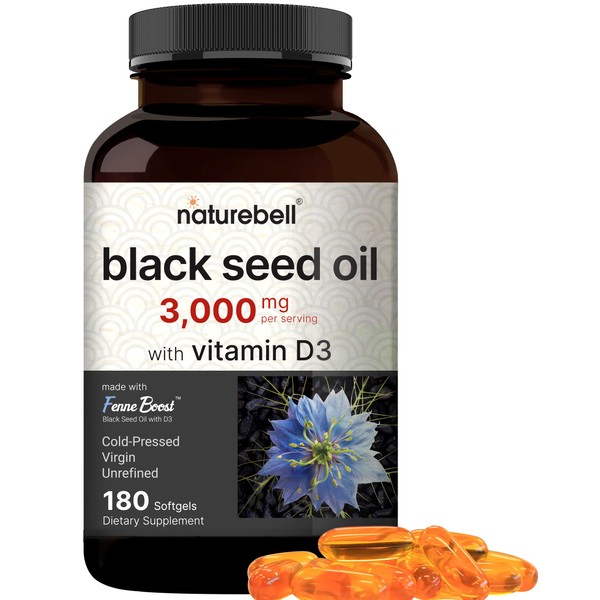 NatureBell Cold Pressed Black Seed Oil 3,000mg Per Serving with Vitamin D3 2,000IU, 180 Softgels | Egyptian Nigella Sativa, Odorless Black Cumin Seed, Virgin Liquid Oil Capsules – Non-GMO