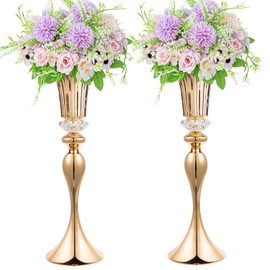 22in Gold Vases for Centerpieces, 2Pcs Metal Tall Trumpet Vases Wedding Reception Centerpieces, Crystal Flower Vase for Table Wedding Party Event Home Decor