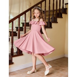 Arshiner Girls Summer Dress Short Sleeve Cold Shoulder Solid Color Swing Casual Dresses with Pockets,Pink,10-11 Years