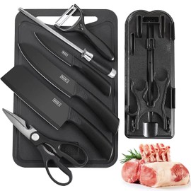 Juego De Cuchillos De Cocina Multifuncional, 8 Piezas Set de Cuchillos con Base,Cuchillo de Acero Inoxidable Negro Conjunto, También Viene con Tabla de Cortar,Cuchillo Sacapuntas Varilla