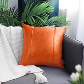 BRAWARM Orange Leather Throw Pillow Covers 18 X 18 Inches - Faux Leather Pillow Cover with Piping, Hand Stitched Leather Throw Pillow for Couch Sofa Bed Living Room Home Decorative