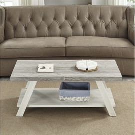 Roundhill Furniture Athens Contemporary Wood Shelf Coffee Table, Weathered Gray and Beige