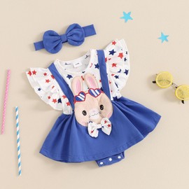 Pybcvrrd Baby Girl 4th of July Clothes Star Romper Dress Ruffle Sleeve 3D Bunny Jumpsuit Bodysuit Headband Patriotic Outfit (Blue, 12-18 Months)
