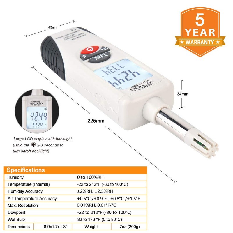 Hygro-Thermometer Psychrometer, Handheld Digital Humidity Temperature Meter with Dew Point