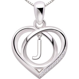 ALOV Jewelry Sterling Silver Initial Letter Alphabet Love Heart Cubic Zirconia Pendant Necklace (J)